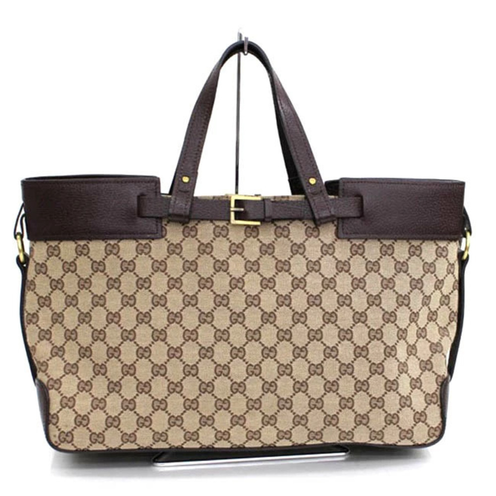 Gucci GG Canvas Leather Tote Bag Handbag Beige Brown